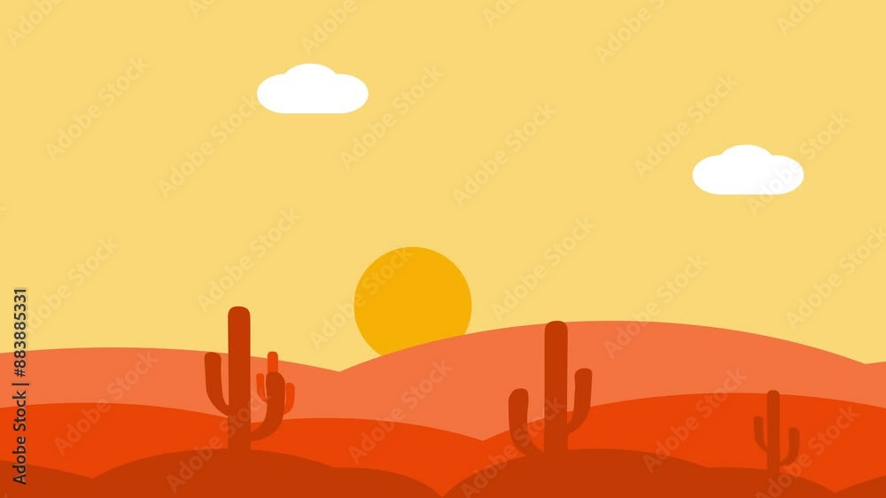 Moving animation of desert landscape with cacti and mountains, desert animation in flat style, 4k