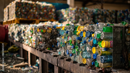 Recycled Plastic Bottles Stacked High in a Recycling Facility