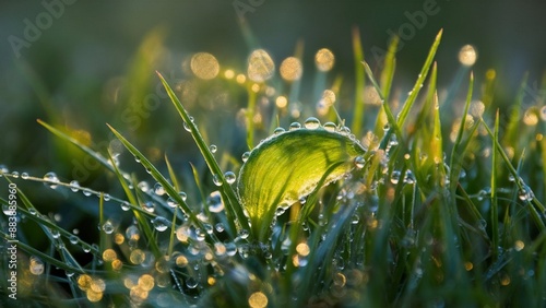 A stunning macro photograph captures the beauty of morning dew, with shimmering droplets of water adorning the delicate grassblades and the surface of a single, vibrant green leaf photo