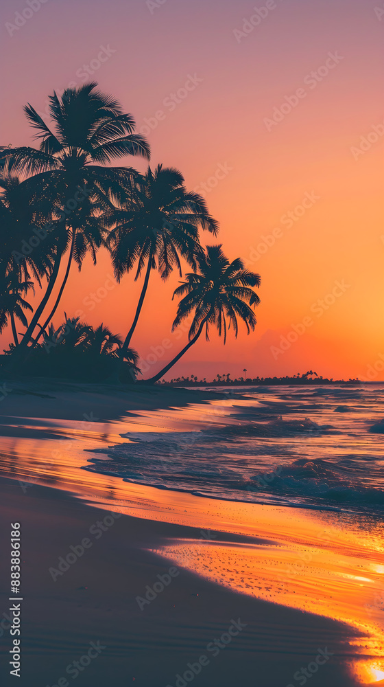 Harmonious Blend of Nature: Serene Beach Sunset with Swaying Palm Trees