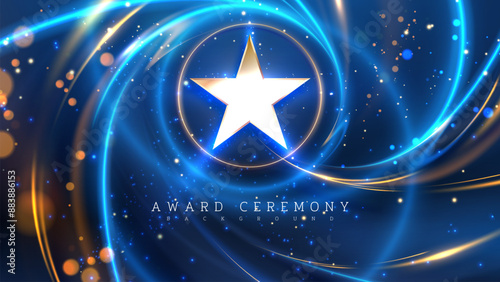 Golden star on a vibrant blue background with swirling lights, perfect for award ceremonies and celebratory events. Vector illustration.