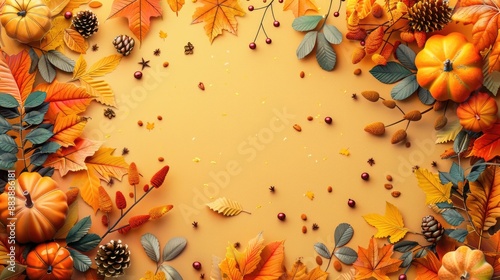 The photo shows pumpkins and fall leaves on a yellow background.