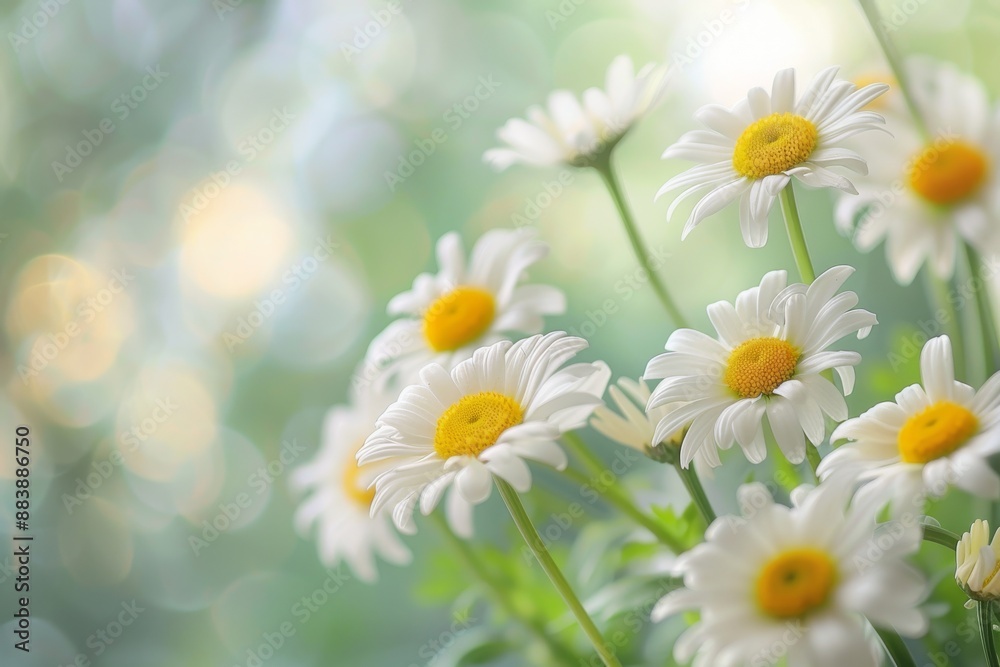 A cluster of white daisies with yellow centers bloom in a vibrant summer garden, captured with a shallow depth of field that emphasizes the delicate details of the flowers A cluster of white daisies with yellow centers bloom in a vibrant summer garden, captured with a shallow depth of field that emphasizes the delicate details of the flowers