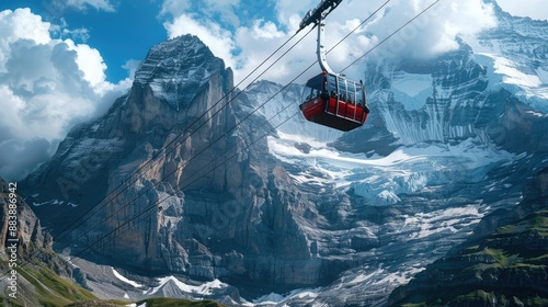 Eiger Express cable car in Swiss mountains, passengers enjoying dramatic scenery
