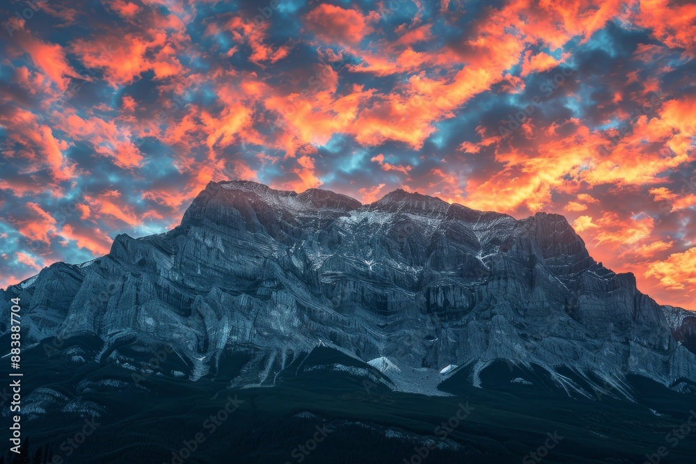 Obraz premium A vibrant sunrise paints the sky with fiery hues as a majestic mountain range stands tall against the backdrop