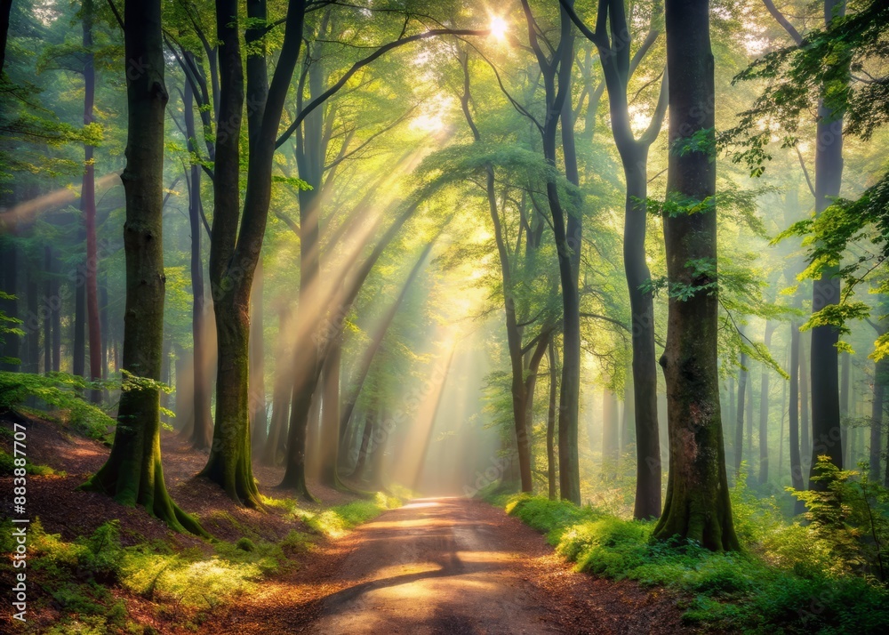 Fototapeta premium Serene forest path winding through misty veil surrounded by towering trees, dappled sunlight filtering through canopy, creating an ethereal and peaceful atmosphere.