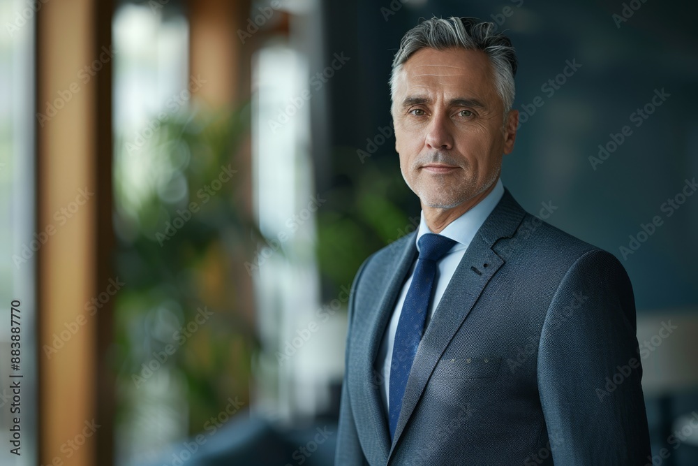 A mature businessman in a tailored suit stands confidently against a blurred office background A mature businessman in a tailored suit stands confidently against a blurred office background