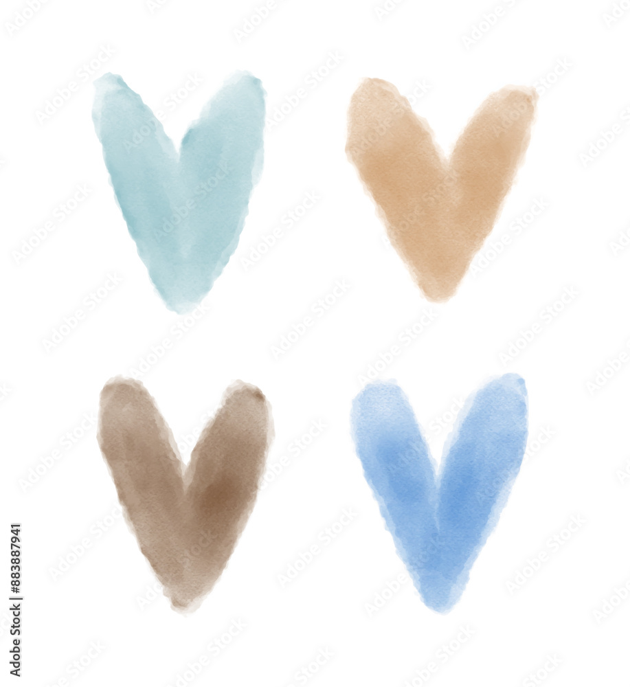 Blue, Beige and Brown Watercolor Hearts on a White Background. Hand Drawn Nursery Art Perfect for Baby Boy Room Decoration. Baby Shower Card. No Text. Blue, Beige and Brown Watercolor Hearts on a White Background. Hand Drawn Nursery Art Perfect for Baby Boy Room Decoration. Baby Shower Card. No Text.