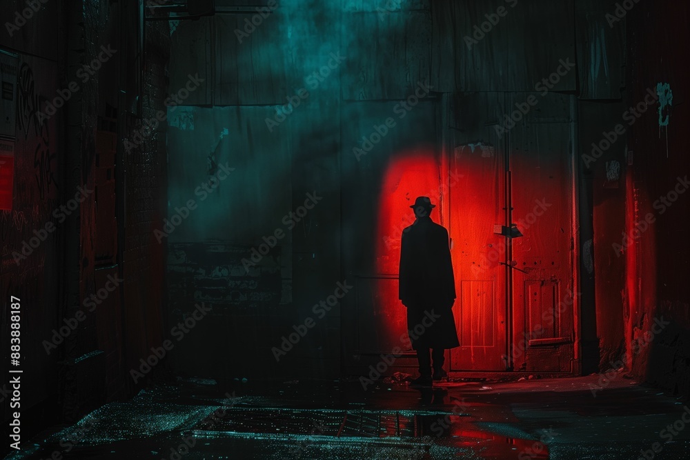 Mysterious Figure in Dark Alley Illuminated by Red and Blue Light in Urban Night Scene Mysterious Figure in Dark Alley Illuminated by Red and Blue Light in Urban Night Scene