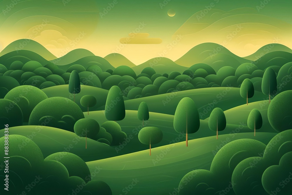 Fototapeta premium Parkland scenery, diverse landscape and fauna, flat design illustration, field of dept deep odject, all cover focus text, for spacecopy