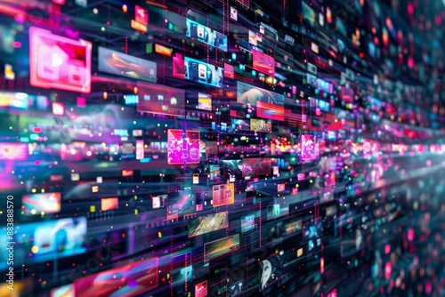 A vibrant digital media wall displaying a multitude of abstract images representing streaming platforms and social media channels photo