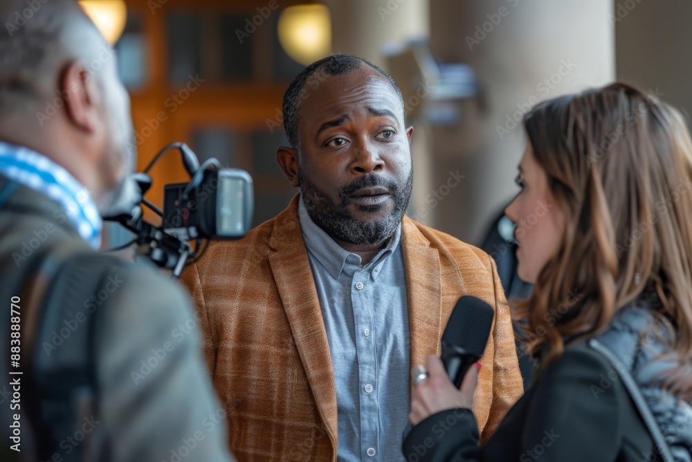 A reporter holds a microphone and asks questions to a politician wearing a brown jacket. A camera crew films the interview in the background A reporter holds a microphone and asks questions to a politician wearing a brown jacket. A camera crew films the interview in the background