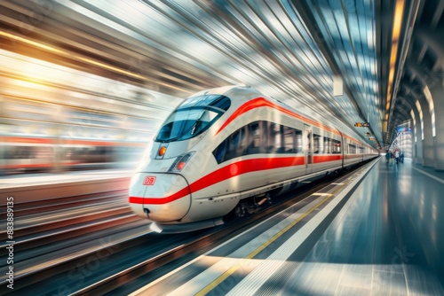 A high-speed train speeds through a modern train station, creating a sense of motion and energy as passengers blur in the windows © Elmira
