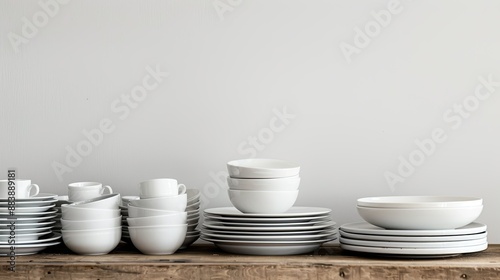 Neat collection of clean dishware on wooden table, simple white background, organized and modern © chanidapa