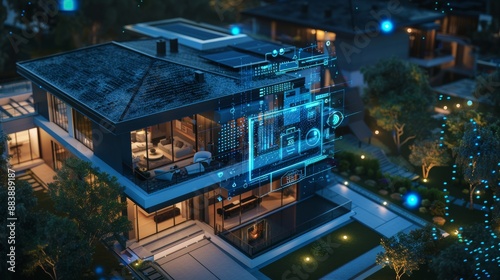 Intelligent Home Security Analytics showing AI algorithms analyzing security to identify suspicious activities. CCTV.