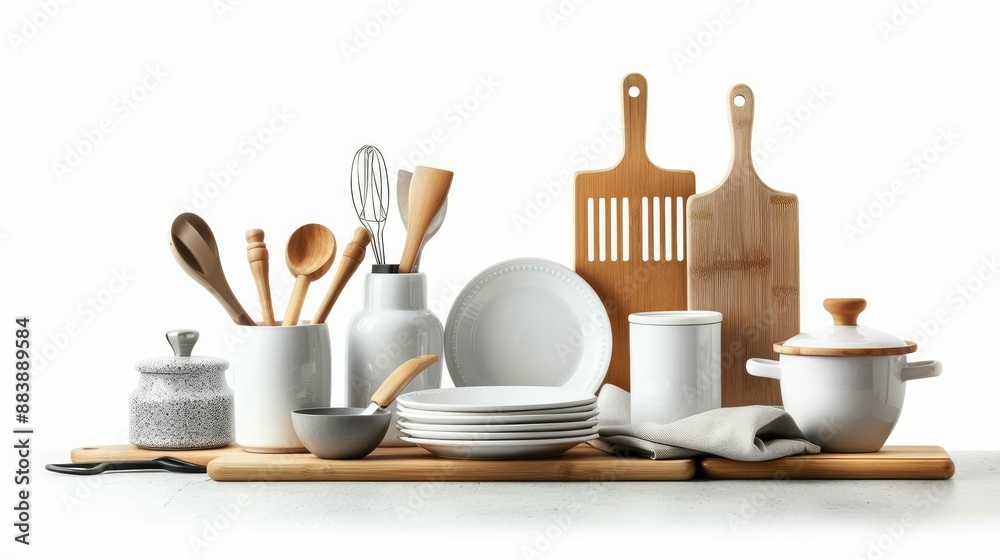 Set of kitchen accessories on a pure white background, modern design Set of kitchen accessories on a pure white background, modern design