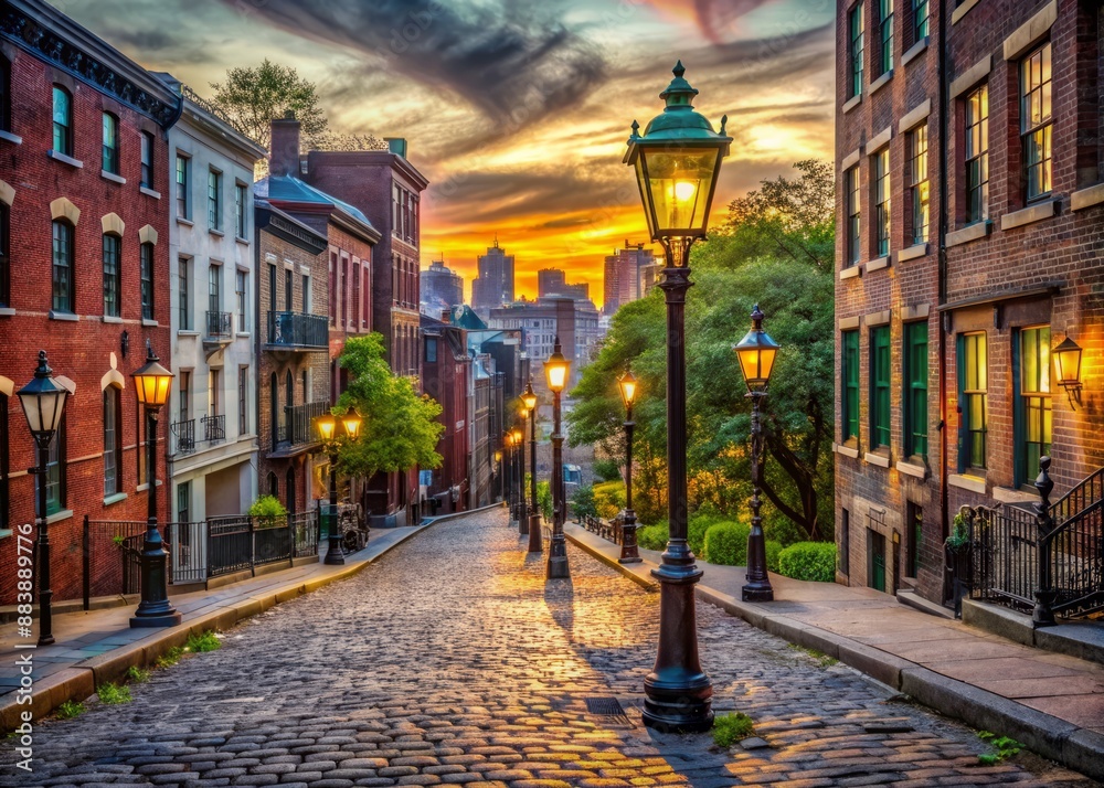 Fototapeta premium Vibrant cityscape captures empty street with iconic landmarks, vintage lampposts, and cobblestone road, conveying sense of adventure and discovery in urban exploration.