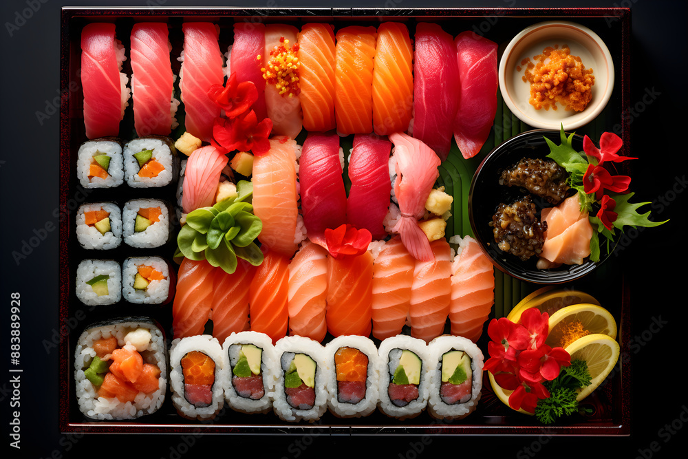 A Vibrant, Balanced and Varied Japanese Bento Box Meal Display A Vibrant, Balanced and Varied Japanese Bento Box Meal Display