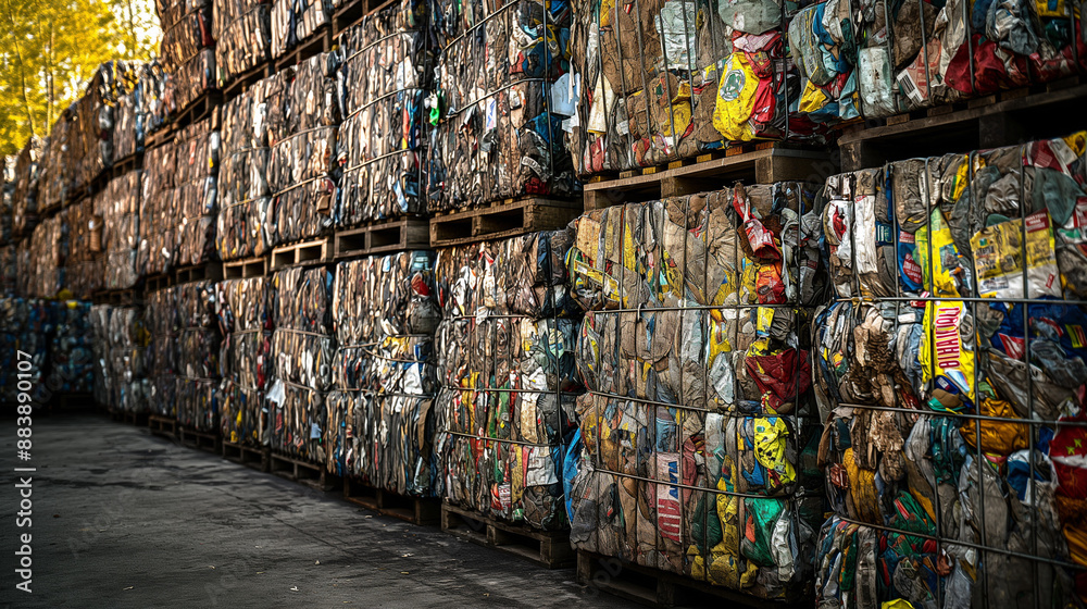 Fototapeta premium Compressed Plastic Recycling Bales Stacked in Warehouse