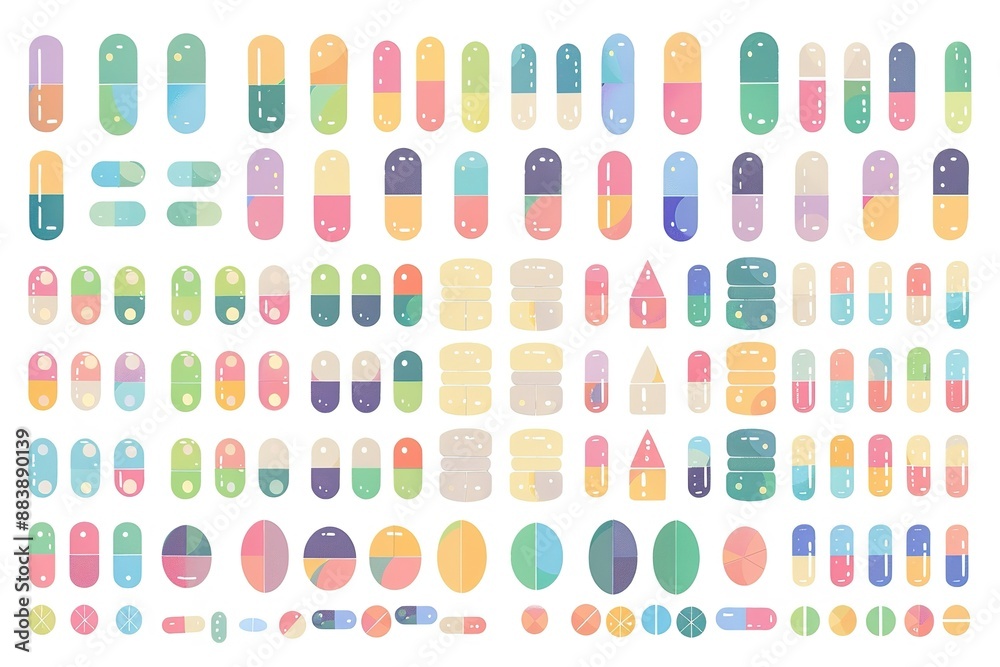 Fototapeta premium Set of pills and capsules. Icons of medicament. Tablets in blisters: painkillers, antibiotics, vitamins and aspirin. Pharmacy and drug symbols. Medical illustration .