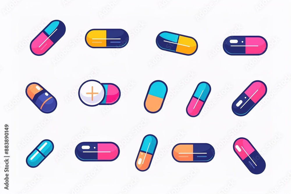 Set of pills and capsules. Icons of medicament. Tablets in blisters: painkillers, antibiotics, vitamins and aspirin. Pharmacy and drug symbols. Medical illustration . Set of pills and capsules. Icons of medicament. Tablets in blisters: painkillers, antibiotics, vitamins and aspirin. Pharmacy and drug symbols. Medical illustration .