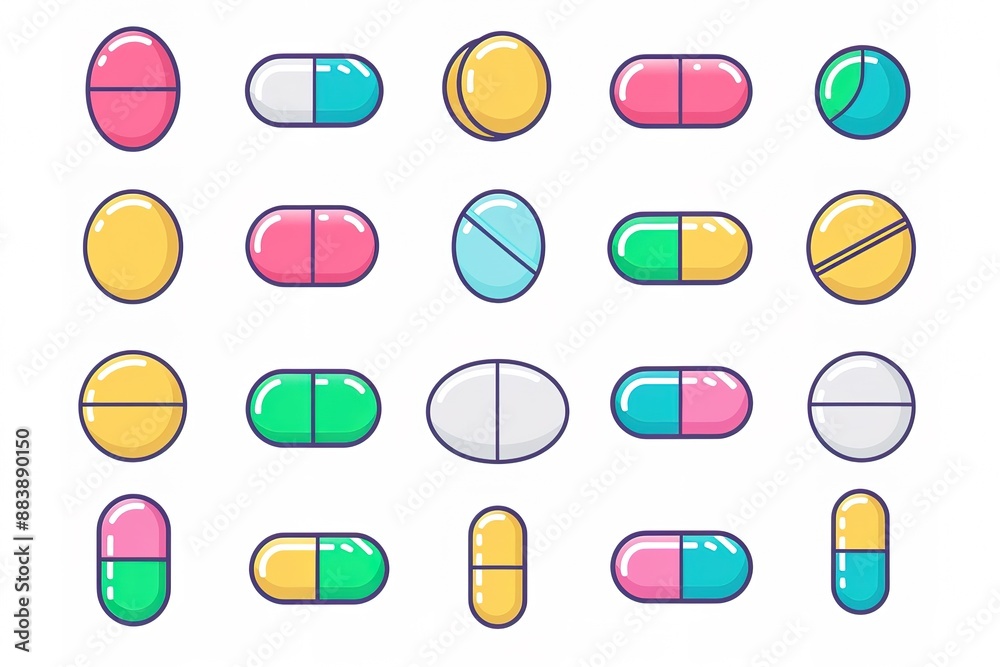 Set of pills and capsules. Icons of medicament. Tablets in blisters: painkillers, antibiotics, vitamins and aspirin. Pharmacy and drug symbols. Medical illustration . Set of pills and capsules. Icons of medicament. Tablets in blisters: painkillers, antibiotics, vitamins and aspirin. Pharmacy and drug symbols. Medical illustration .