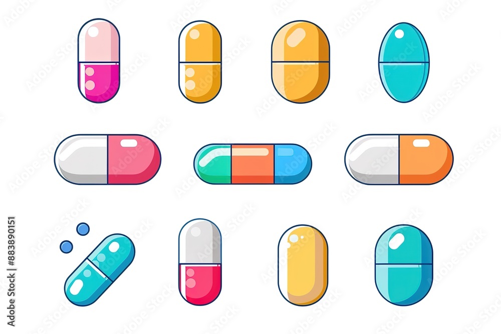 Set of pills and capsules. Icons of medicament. Tablets in blisters: painkillers, antibiotics, vitamins and aspirin. Pharmacy and drug symbols. Medical illustration . Set of pills and capsules. Icons of medicament. Tablets in blisters: painkillers, antibiotics, vitamins and aspirin. Pharmacy and drug symbols. Medical illustration .