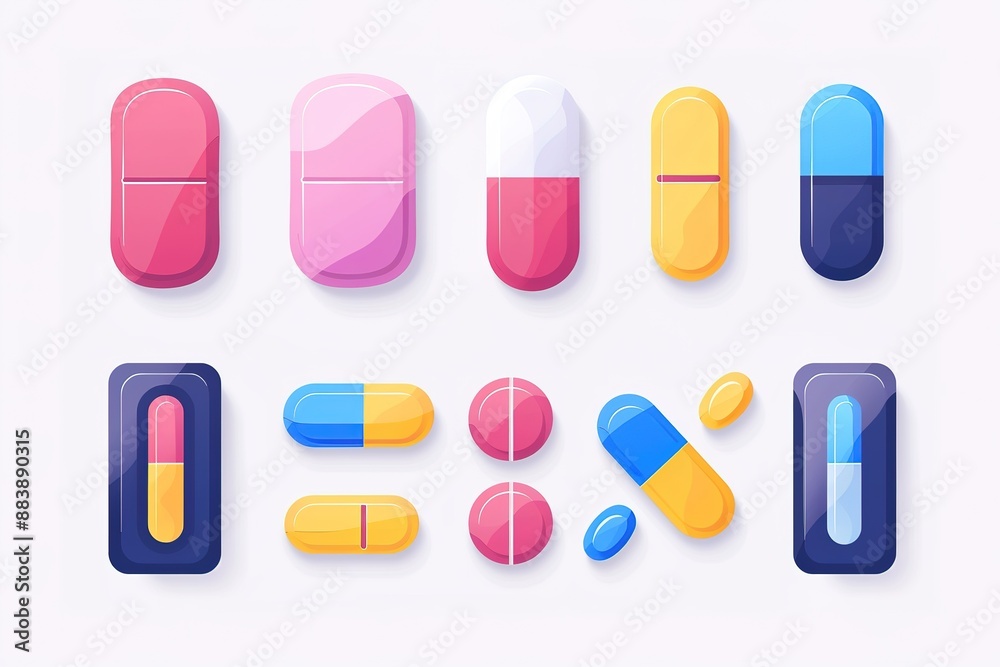Set of pills and capsules. Icons of medicament. Tablets in blisters: painkillers, antibiotics, vitamins and aspirin. Pharmacy and drug symbols. Medical illustration . Set of pills and capsules. Icons of medicament. Tablets in blisters: painkillers, antibiotics, vitamins and aspirin. Pharmacy and drug symbols. Medical illustration .