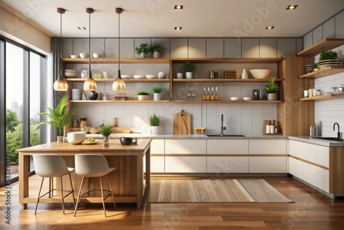 modern contemporary home interior kitchen area minimal detail cabinet and handing shalf cupboard home interior concept photo