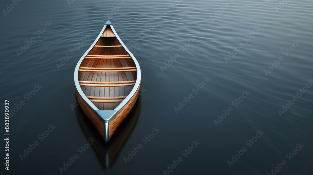 A wooden canoe floating on a calm river A wooden canoe floating on a calm river
