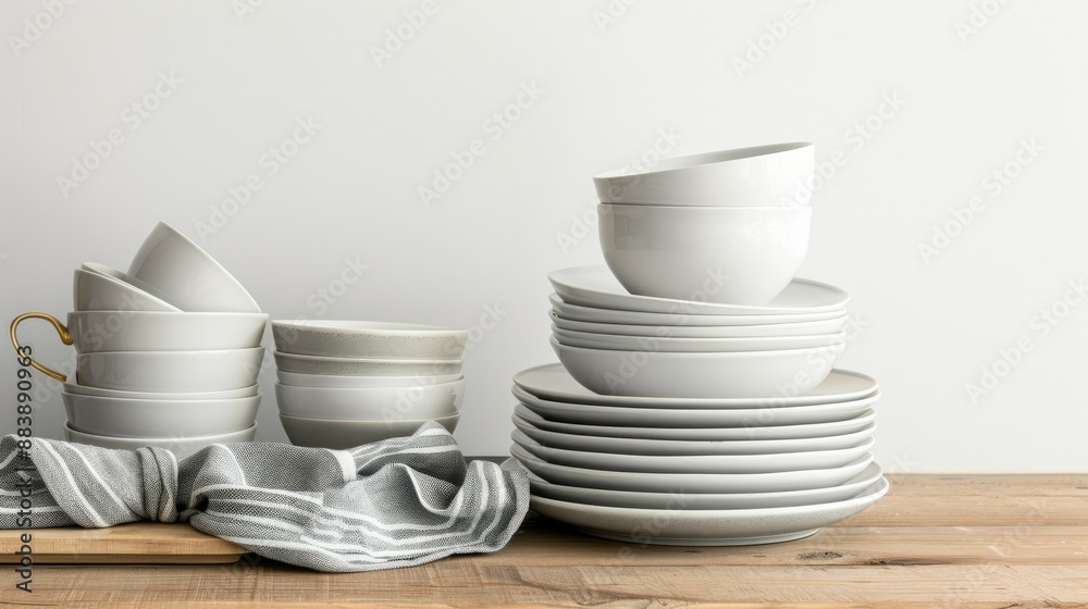 Assorted dishware set on wooden table, white background, minimalist and elegant