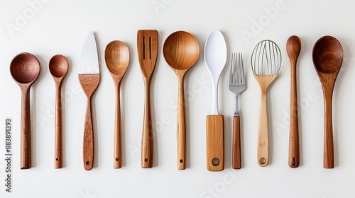 Assorted kitchen utensils on white background, clean and minimalist design