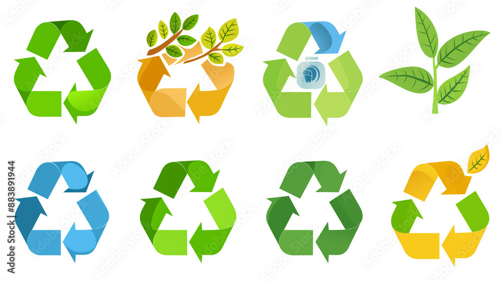 Obraz premium Green and Blue Recycle Symbols With Leaves and a Branch