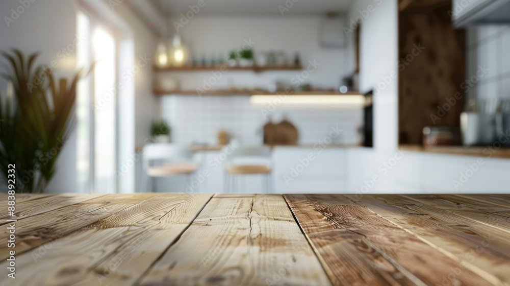 Blurred view of modern kitchen with white furniture, wooden table in foreground Blurred view of modern kitchen with white furniture, wooden table in foreground