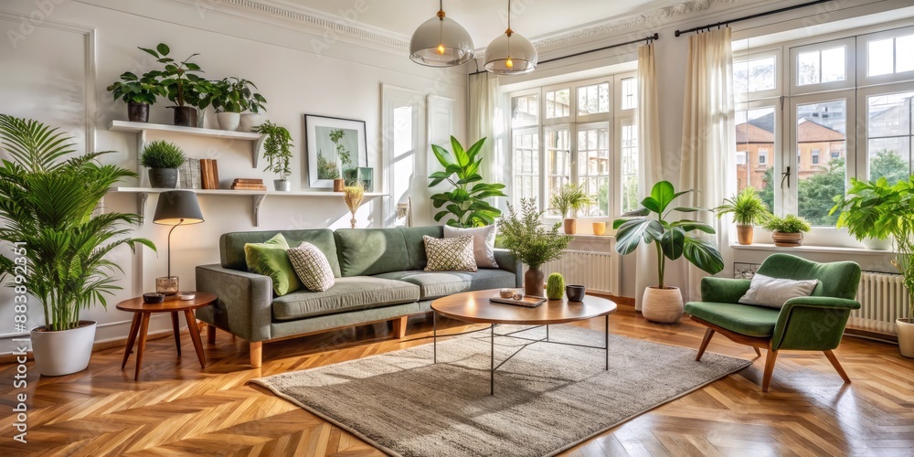 Obraz premium Elegant Scandinavian living room with comfortable sofa, mid century furniture, cozy carpet, warm wooden floor, white walls, and lush green home plants exuding warmth and serenity.
