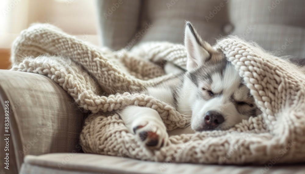 Sweet husky puppy relaxing in armchair, wrapped in a warm blanket for a comfortable and cozy nap Sweet husky puppy relaxing in armchair, wrapped in a warm blanket for a comfortable and cozy nap