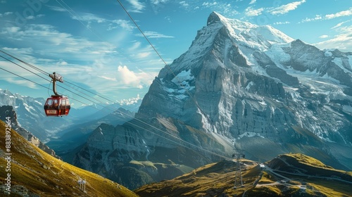Cable car of Eiger Express in Swiss Alps, passengers enjoying dramatic mountainous landscape in background