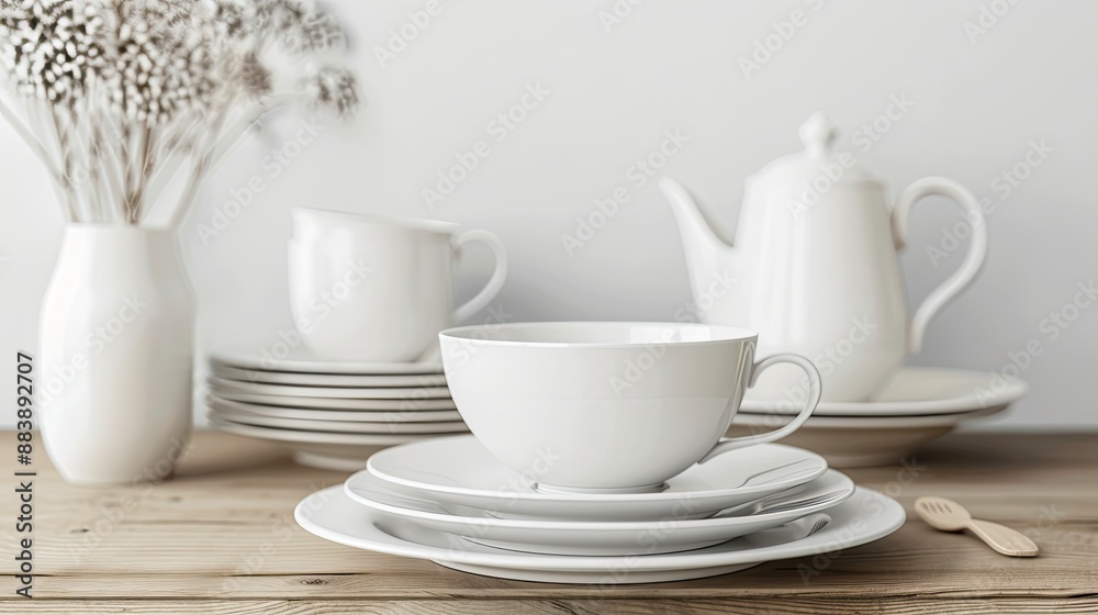 Clean and elegant dishware set on wooden table, white background, modern style Clean and elegant dishware set on wooden table, white background, modern style