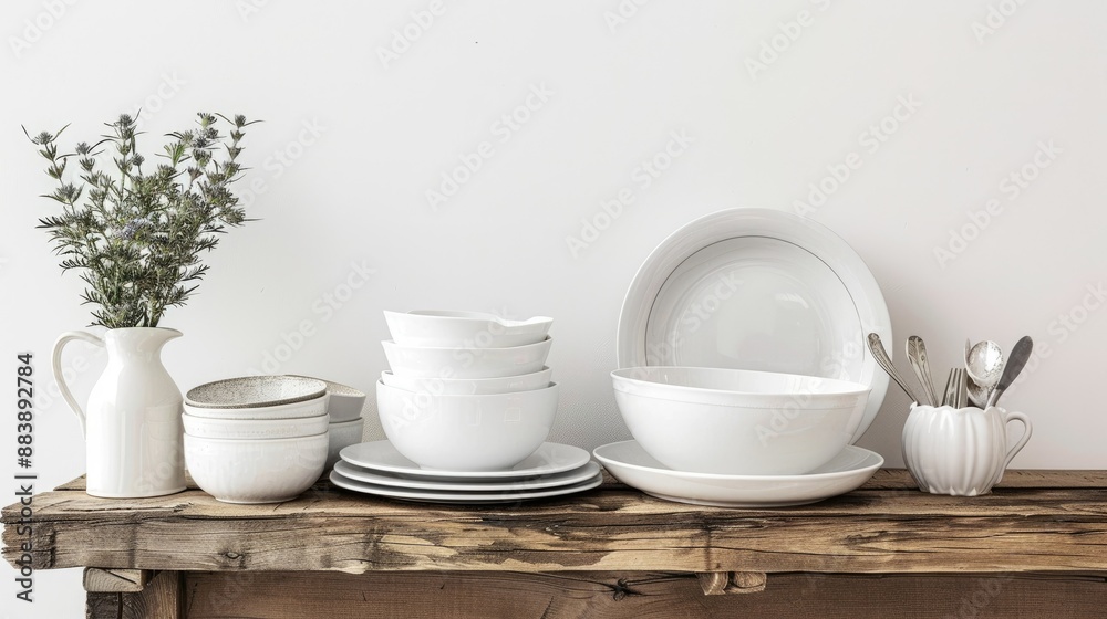 Clean and stylish dishware on wooden table, white background, elegant display Clean and stylish dishware on wooden table, white background, elegant display