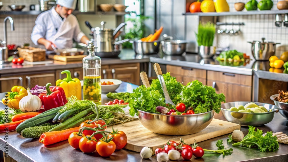 Fresh vegetables and ingredients are being elegantly arranged on a countertop as utensils and kitchen tools surround a half-prepared gourmet salad in a busy kitchen. Fresh vegetables and ingredients are being elegantly arranged on a countertop as utensils and kitchen tools surround a half-prepared gourmet salad in a busy kitchen.