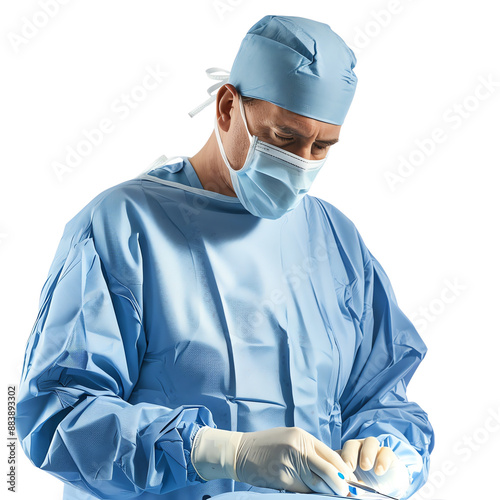 A surgeon in blue scrubs and mask performing a medical procedure in a sterile environment. photo