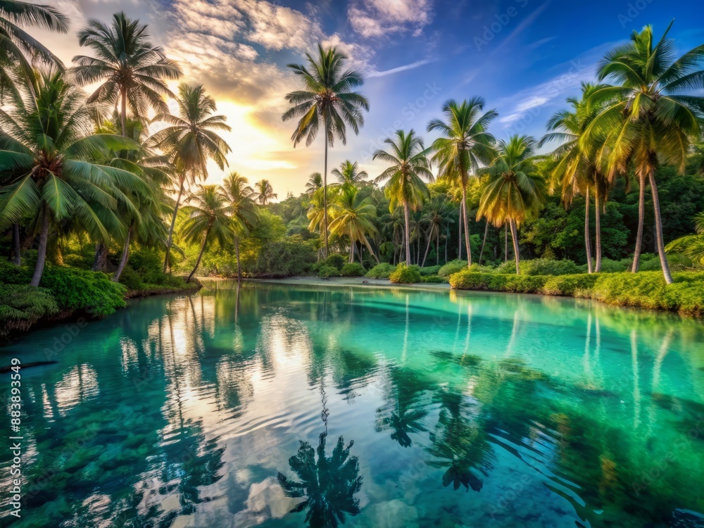 Serene turquoise lagoon surrounded by lush greenery and towering palm trees on a picturesque tropical island at dawn, perfect for travel blog hero images. Serene turquoise lagoon surrounded by lush greenery and towering palm trees on a picturesque tropical island at dawn, perfect for travel blog hero images.