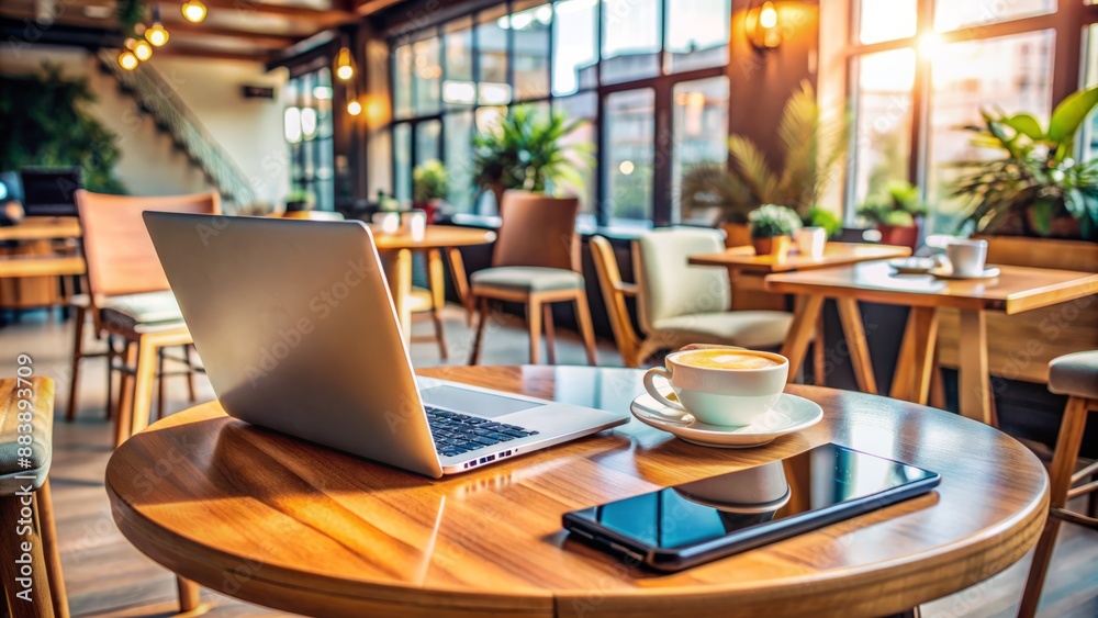 Modern cafe atmosphere with a laptop and smartphone on a small table, surrounded by coffee cups and notebooks, ready for a busy entrepreneur.