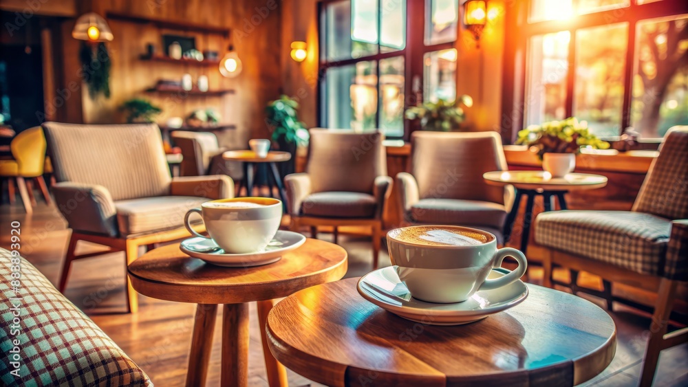Cozy cafe atmosphere with empty coffee cups and saucers on a small table, surrounded by comfortable chairs, evoking feelings of friendship and warm conversations. Cozy cafe atmosphere with empty coffee cups and saucers on a small table, surrounded by comfortable chairs, evoking feelings of friendship and warm conversations.