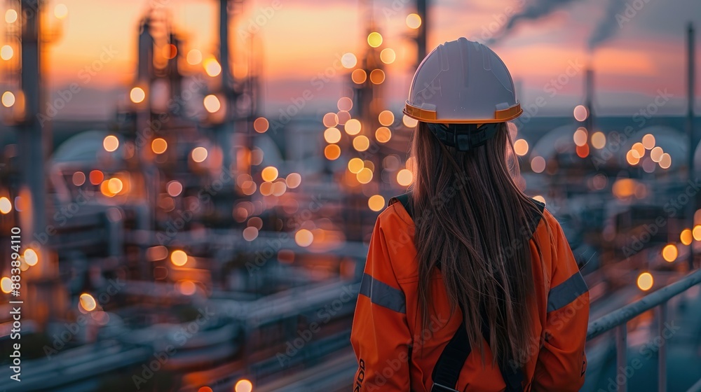 Woman oil worker wearing a hard hat and orange safety jacket, standing on a platform and overseeing processes. Woman oil worker wearing a hard hat and orange safety jacket, standing on a platform and overseeing processes.