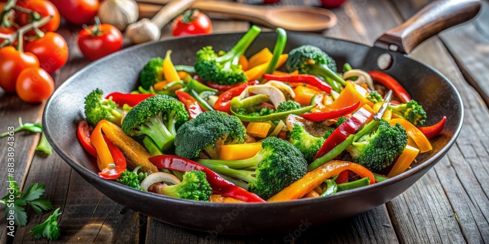 Sizzling vegetables and savory aromas fill the air as a wok overflows with colorful bell peppers, carrots, and broccoli, seasoned to perfection. Sizzling vegetables and savory aromas fill the air as a wok overflows with colorful bell peppers, carrots, and broccoli, seasoned to perfection.