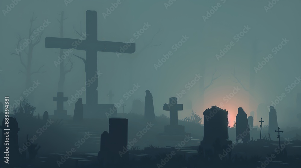 Pale Halloween Background with Cemetery in a Thick Mist. Atmospheric Night Scene Pale Halloween Background with Cemetery in a Thick Mist. Atmospheric Night Scene