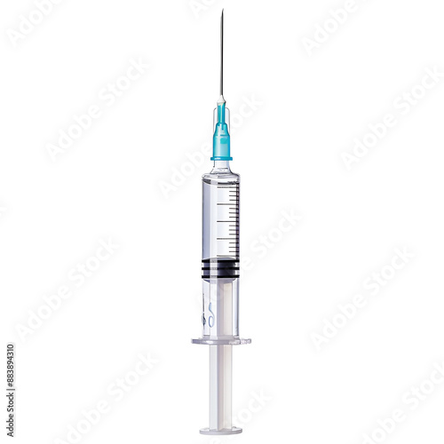 High-quality image of a medical syringe filled with liquid, isolated on a white background, perfect for healthcare and vaccination themes.