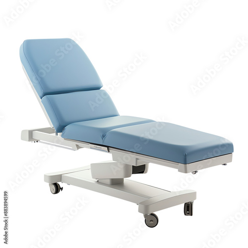 Modern medical examination table with adjustable blue cushion and white frame, ideal for clinics and hospitals. photo