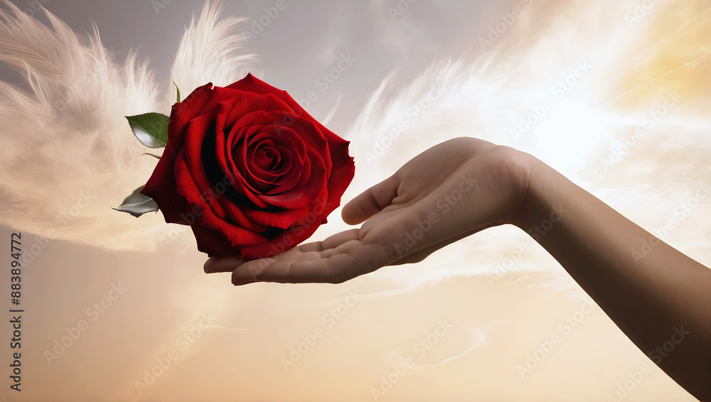 Closeup of hand holding beautiful flower at sunset, sun and sky background, love and romance, nature template, copy space area,